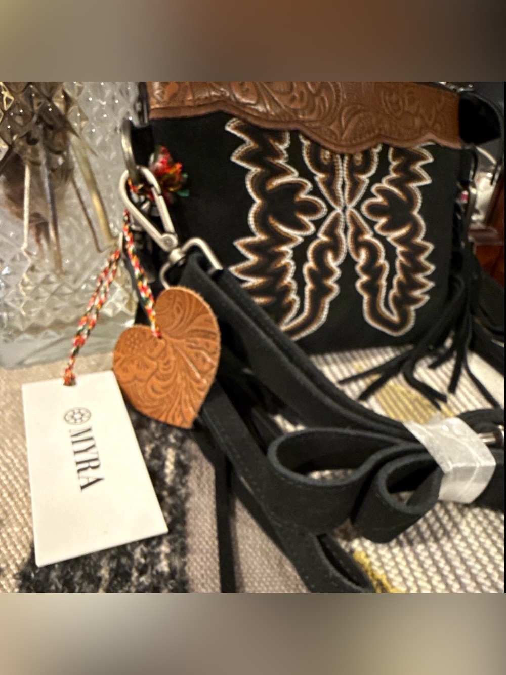 NWT- Gorgeous fringe crossbody/shoulder purse, adjustable straps-tooled leather